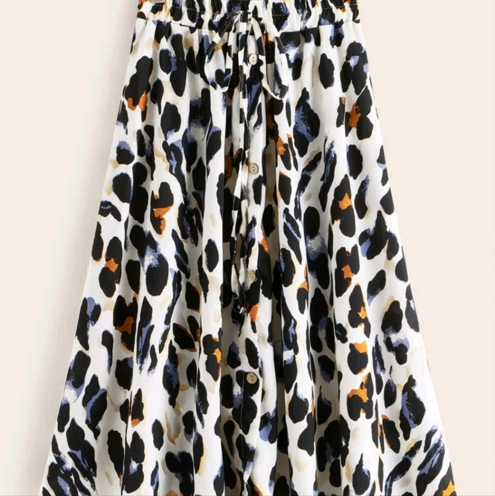 Leopard button front drawstring waist skirt